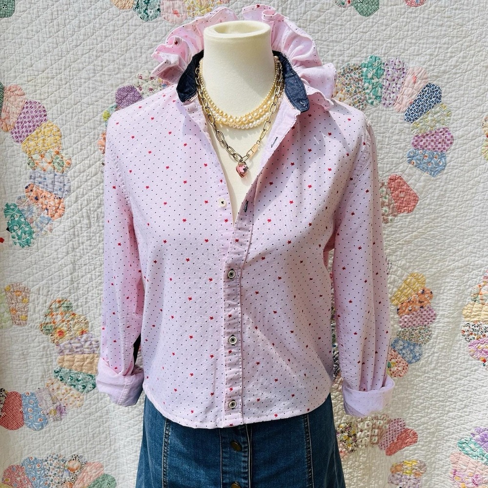 Upcycled Celestial Zara Man Pink Oxford w/Red Stars Ruffle Collar Crop Shirt S